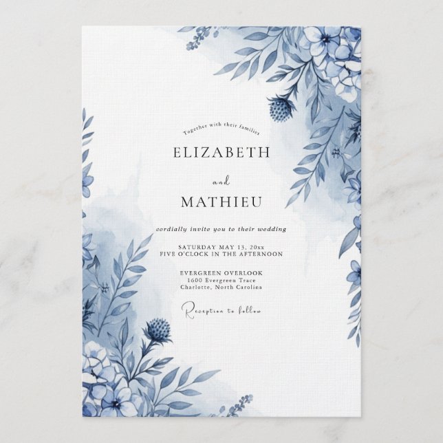 Blue Botanical Whimsy Wedding Einladung (Vorderseite)