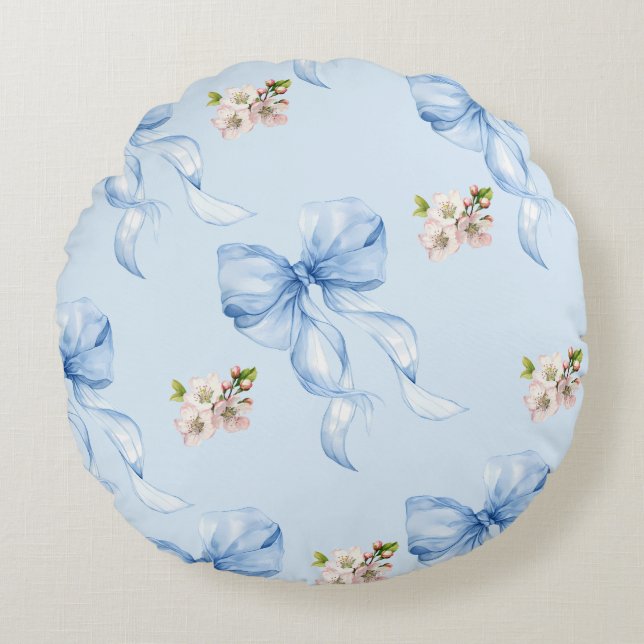 Blue bow and cherry blossom rundes kissen (Vorderseite)