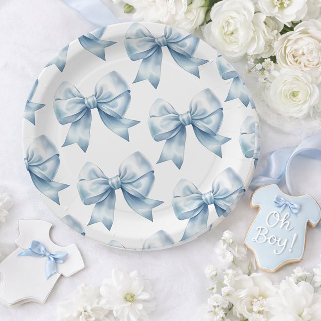 Blue Bow Baby Boy Elegant Baby Shower Pappteller (Blue Bow Baby Boy Elegant Baby Shower Paper Plates)