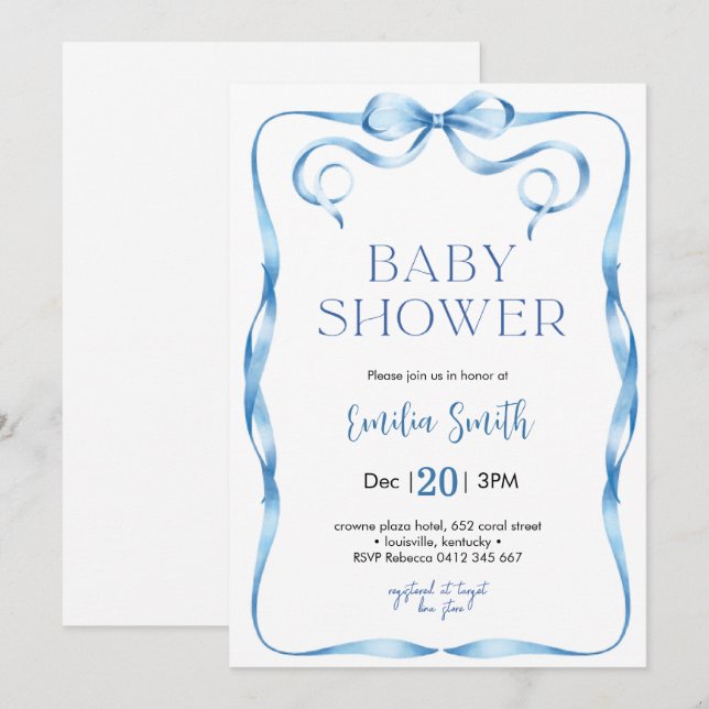 Blue Bow Baby Dusche Einladung (Vorne/Hinten)