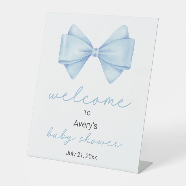 Blue Bow Baby Dusche Willkommen Sockelschild (Vorderseite)