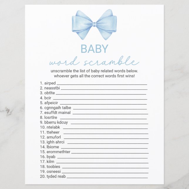 Blue Bow Baby Dusche Word Scramble (Vorderseite)