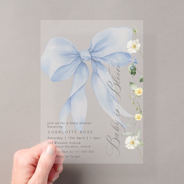 Blue Bow Baby in Bloom floral Baby Dusche Acryleinladungen (Insitu (Handheld))