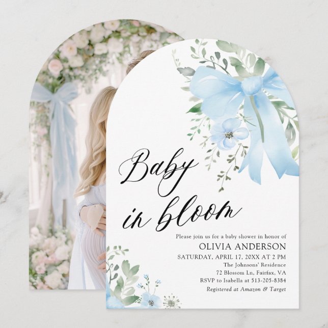 Blue Bow Baby in Bloom Floral Boy Arch Baby Dusche Einladung (Vorne/Hinten)