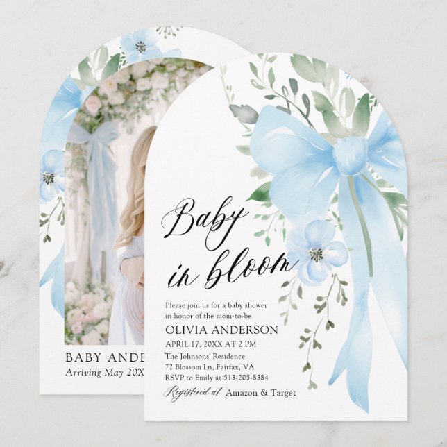 Blue Bow Baby in Bloom Floral Boy Arch Baby Dusche Einladung (Vorne/Hinten)