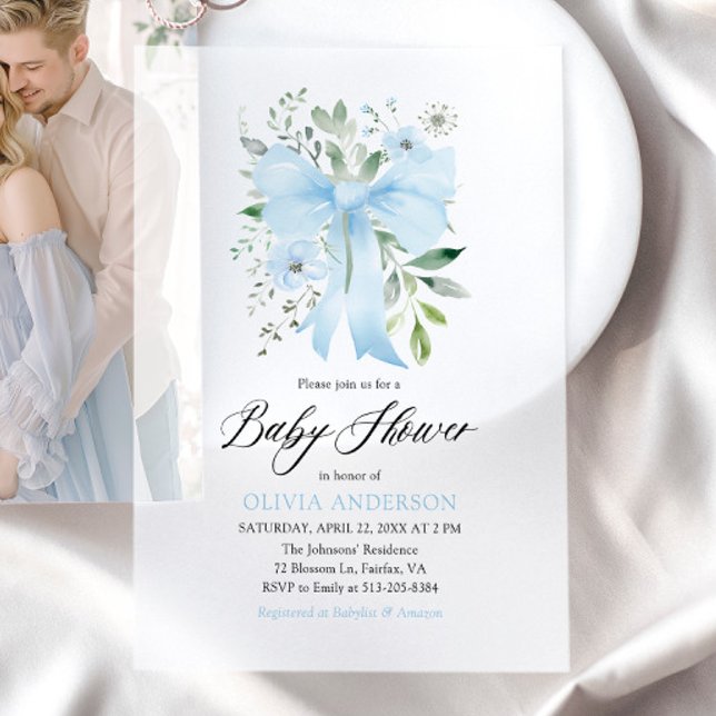 Blue Bow Baby in Bloom Floral Boy Baby Dusche (Watercolor Blue Bow Floral Boy Baby in Bloom Baby Shower Vellum Invitation)