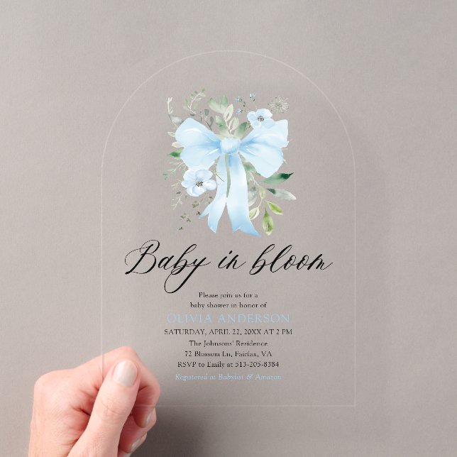 Blue Bow Baby in Bloom Floral Boy Baby Dusche Acryleinladungen (Insitu (Handheld))
