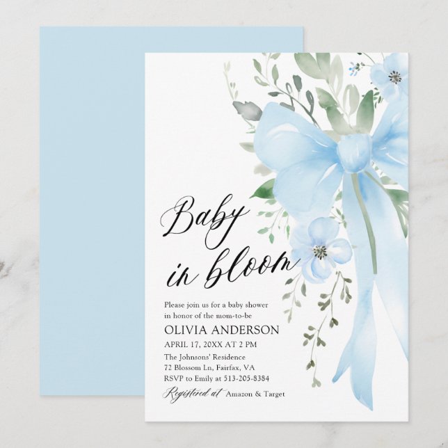 Blue Bow Baby in Bloom Floral Boy Baby Dusche Einladung (Vorne/Hinten)