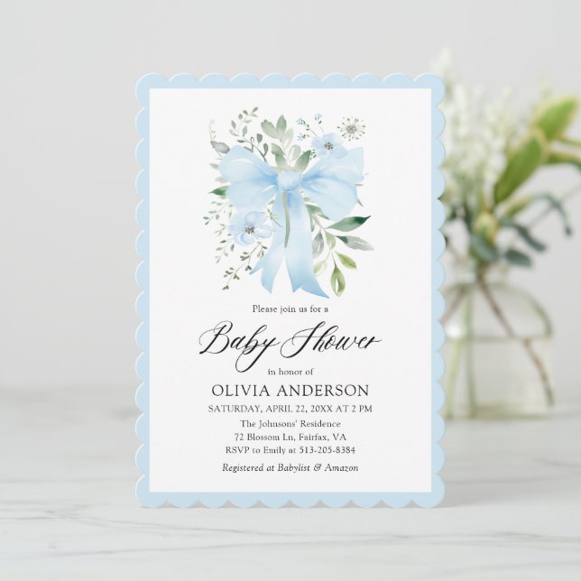 Blue Bow Baby in Bloom Floral Boy Baby Dusche Einladung (Stehend Vorderseite)