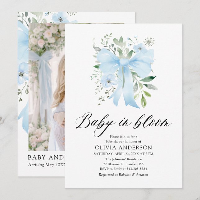 Blue Bow Baby in Bloom Floral Boy Baby Dusche Einladung (Vorne/Hinten)