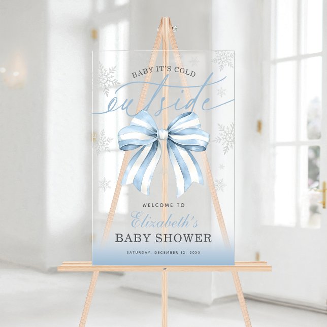 Blue Bow Baby seine kalte Außendusche Begrüßung Acrylschild (Blue Bow Baby Its Cold Outside Baby Shower Welcome Acrylic Sign)
