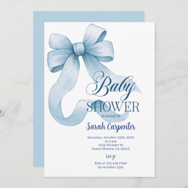 Blue Bow Baby Shower Boy Einladung (Vorne/Hinten)