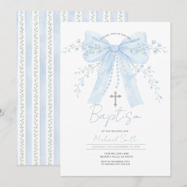 Blue Bow Baptism Boy Christening with Cross Einladung (Vorne/Hinten)