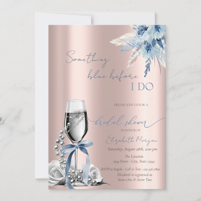 Blue Bow Blume Perlen und Prosecco Rose Gold Einladung (Vorderseite)