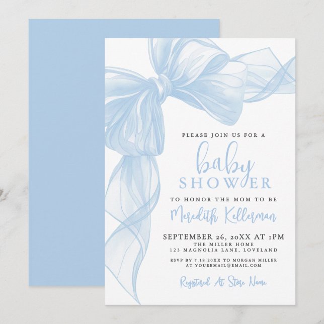 Blue Bow Boy Baby Shower Einladung (Vorne/Hinten)
