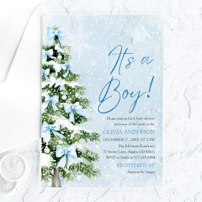 Blue Bow Boy Christmas Tree Oh Baby Shower Acryleinladungen (Blue Bow Christmas Tree It's a Boy Baby Shower Acrylic Invitations)