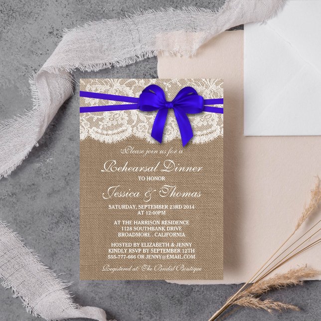 Blue Bow Burlap & Lace Hochzeit Probe Dinner Einladung (Von Creator hochgeladen)