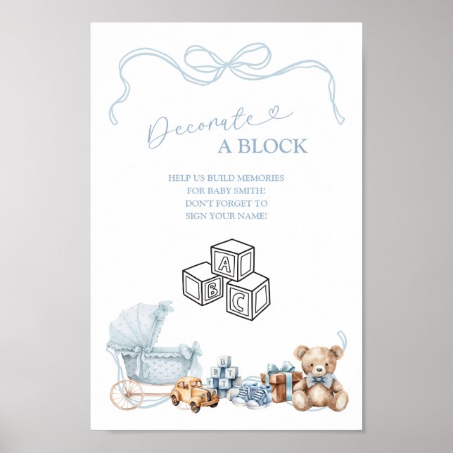 Blue Bow Carriage Baby Shower Decorate Block Sign Poster (Vorne)
