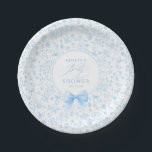 Blue Bow Chinoiserie Wildflowers Baby Shower  Pappteller<br><div class="desc">This lovely baby shower paper plate features a soft pastel blue palette and a delicate coquette-inspired bow that creates an elegant focal point. The design is surrounded by whimsical line illustrations of birds, wildflowers, butterflies and tiny ribbons, giving it a romantic storybook garden feel that aligns beautifully with popular vintage...</div>