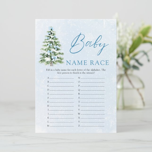 Blue Bow Christmas Baby Name Race Baby Shower Game Einladung (Stehend Vorderseite)