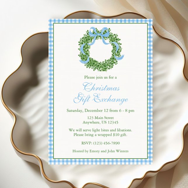 Blue Bow Christmas Boxwood Wreath Party Einladung (Von Creator hochgeladen)
