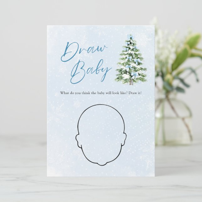 Blue Bow Christmas Tree Baby Shower Draw Baby Game Einladung (Stehend Vorderseite)