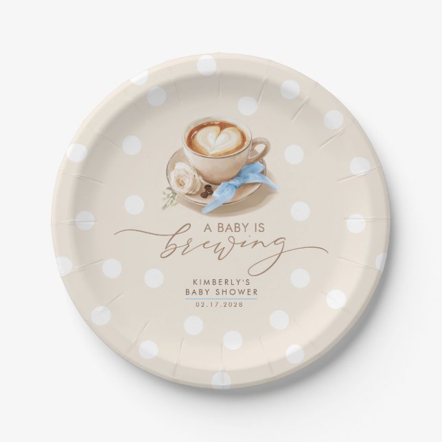Blue Bow Coffee Baby Is Brewing Boy Baby Shower Pappteller (Vorderseite)