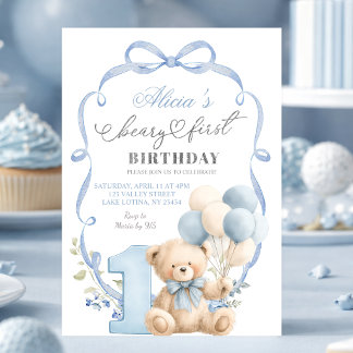 Blue Bow Coquette Beary First Birthday Einladung