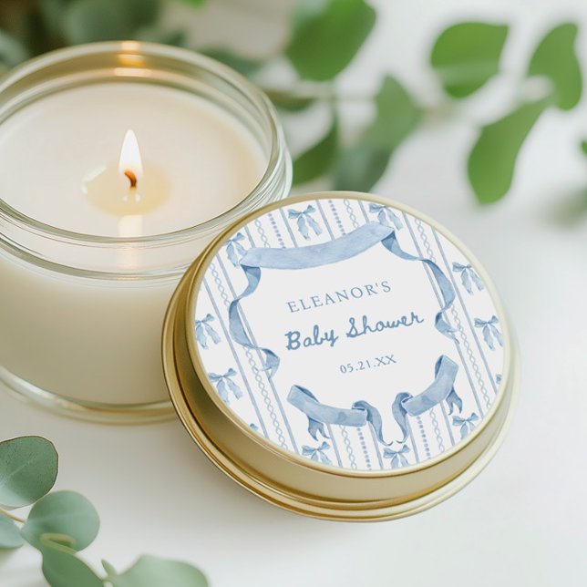 Blue Bow Coquette Blue Boy Baby Dusche Runder Aufkleber (Von Creator hochgeladen)