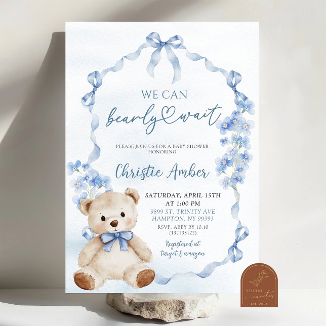 Blue Bow Coquette kann frühes Abwarten Baby Dusche Einladung (Von Creator hochgeladen)