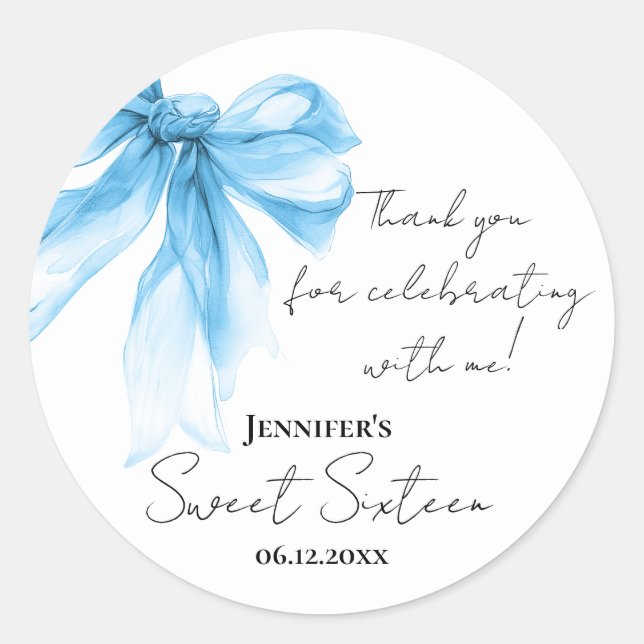 Blue Bow Coquette Script Sweet 16 Thank You  Runder Aufkleber (Vorderseite)