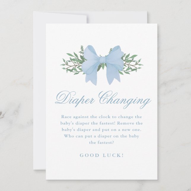 Blue Bow Diaper ändern Baby Shower Game Einladung (Vorderseite)