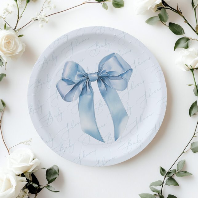 Blue Bow Elegante Kalligrafie Boy Baby Shower Pappteller (Von Creator hochgeladen)