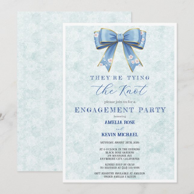 Blue Bow Engagement Invitation – Japanese Style Einladung (Vorne/Hinten)