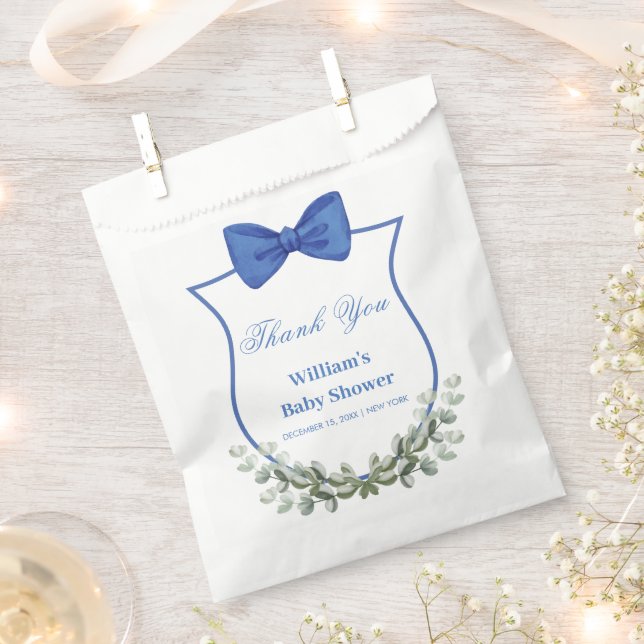 Blue Bow Eucalyptus Wappen Baby Dusche Vielen Dank Geschenktütchen (Ausgeschnitten)