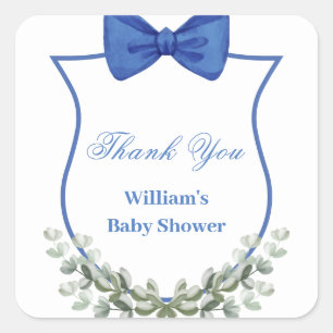 Blue Bow Eucalyptus Wappen Baby Dusche Vielen Dank Quadratischer Aufkleber