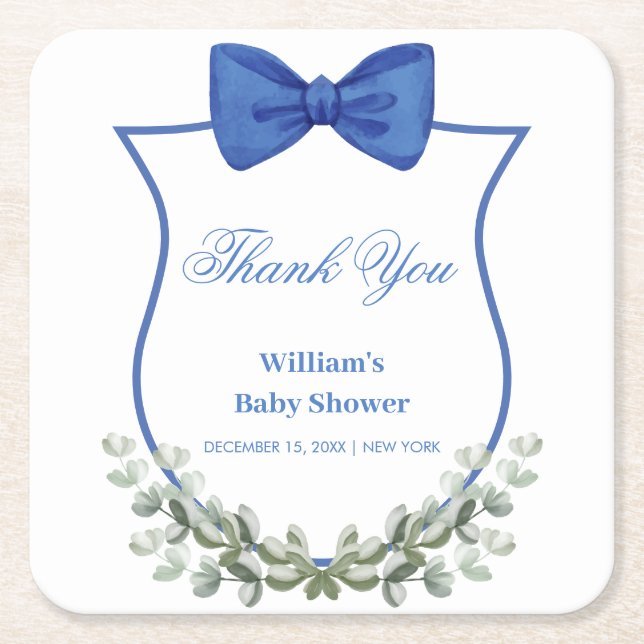 Blue Bow Eucalyptus Wappen Baby Dusche Vielen Dank Rechteckiger Pappuntersetzer (Vorderseite)