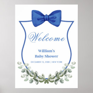 Blue Bow Eucalyptus Wappen Baby Dusche Willkommen Poster