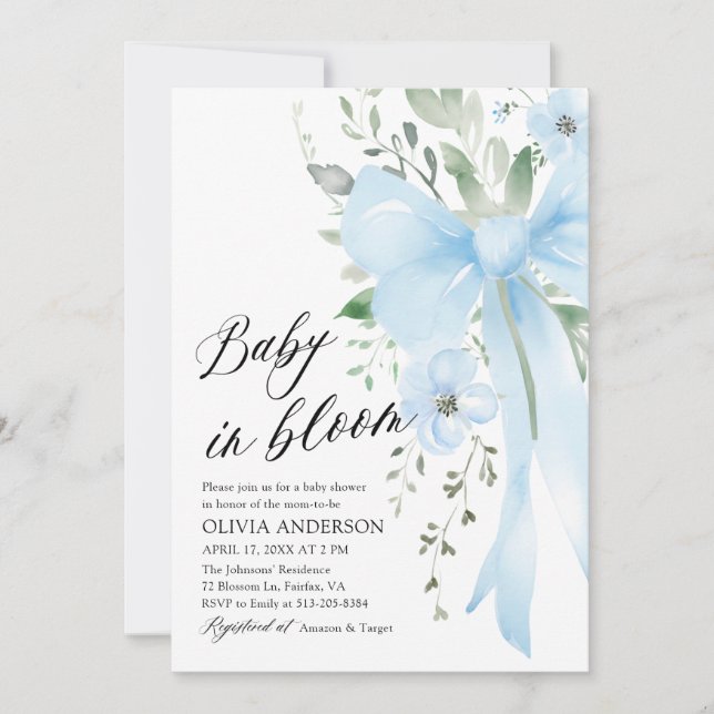 Blue Bow Floral Baby in Bloom Boy Baby Dusche Einladung (Vorderseite)