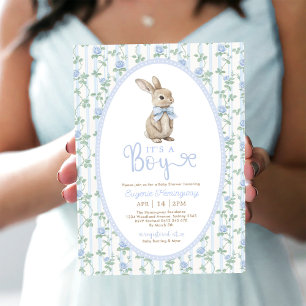 Blue Bow Floral Bunny Rabbit Boy Baby Dusche Einladung