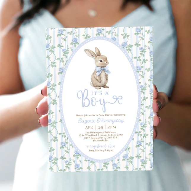 Blue Bow Floral Bunny Rabbit Boy Baby Dusche Einladung (Von Creator hochgeladen)