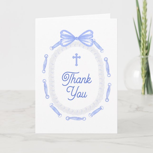 Blue Bow Frame Holy Cross Religious Thank You Karte (Vorderseite)