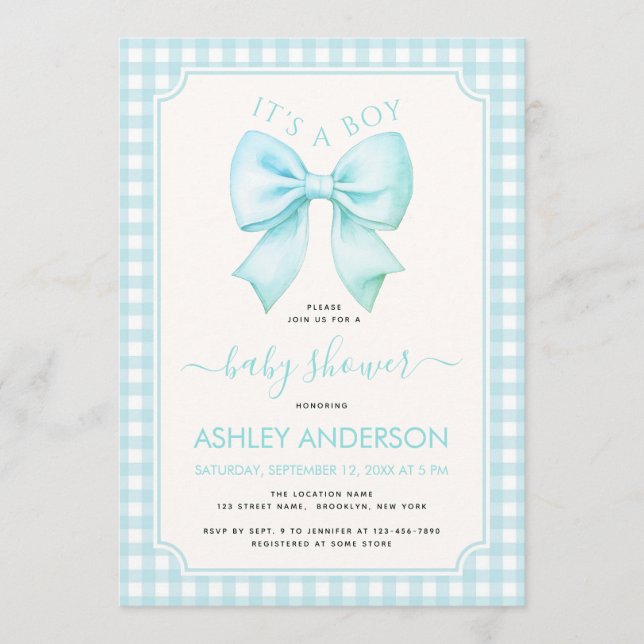 Blue Bow It's a Boy Baby Shower Gingham Plaid Einladung (Vorderseite)