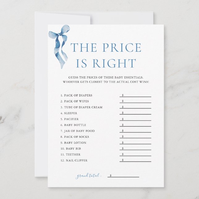 Blue Bow Le prix est droit Baby shower Carte de je (Devant)