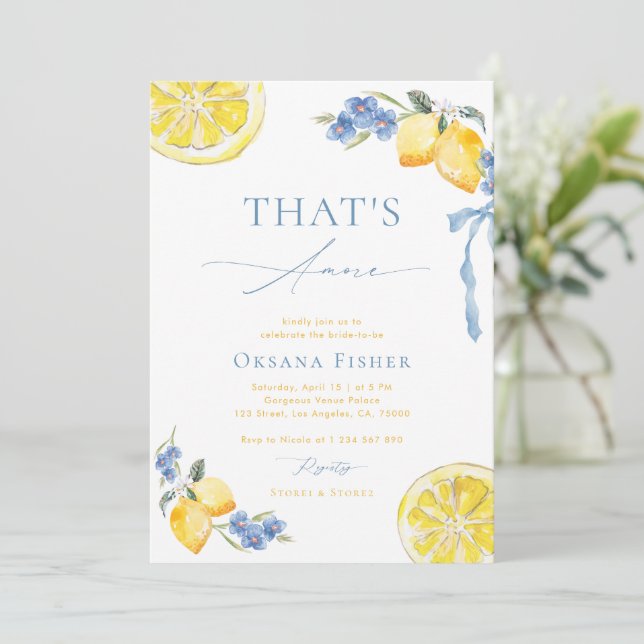 Blue Bow Lemons That's Amore Italian Bridal Shower Einladung (Stehend Vorderseite)