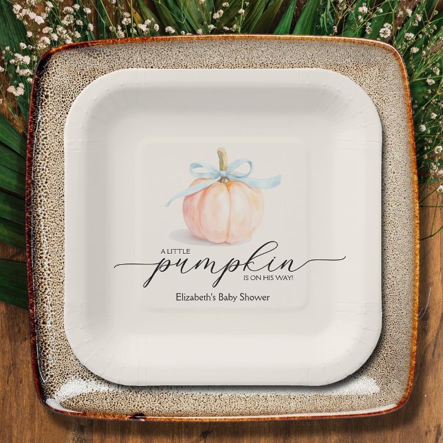 Blue Bow Little Pumpkin Baby Dusche Pappteller (Blue Bow Little Pumpkin Boy Baby Shower Square Paper Plates)