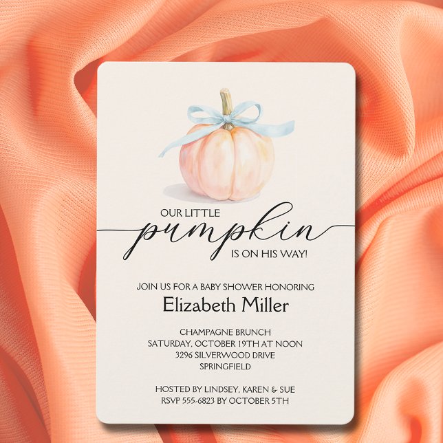 Blue Bow Little Pumpkin Boy Baby Dusche Einladung (Blue ribbon and bow little pumpkin boy baby shower invitations)