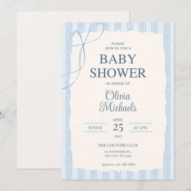 Blue Bow Minimalist Baby Shower Invitation (Devant / Derrière)