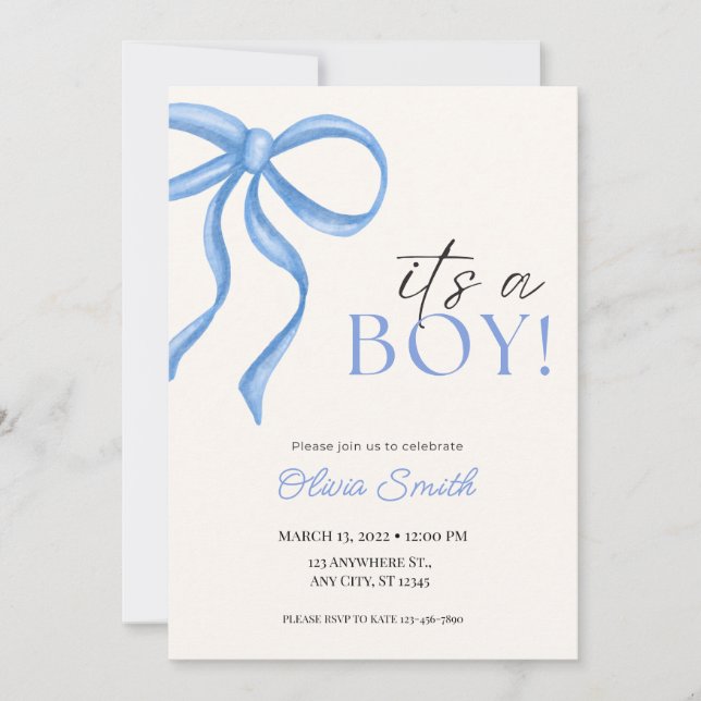 Blue Bow Minimalist Baby Shower Invitation (Devant)