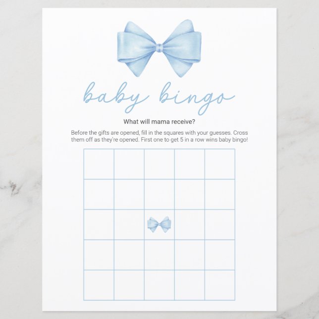 Blue Bow Modern Baby Dusche Bingo Spiel (Vorderseite)
